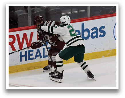 Two hockey players are fighting for control of the puck. AI generated content