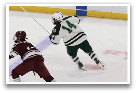 A hockey player in a green and white uniform is skating on the ice. AI generated content