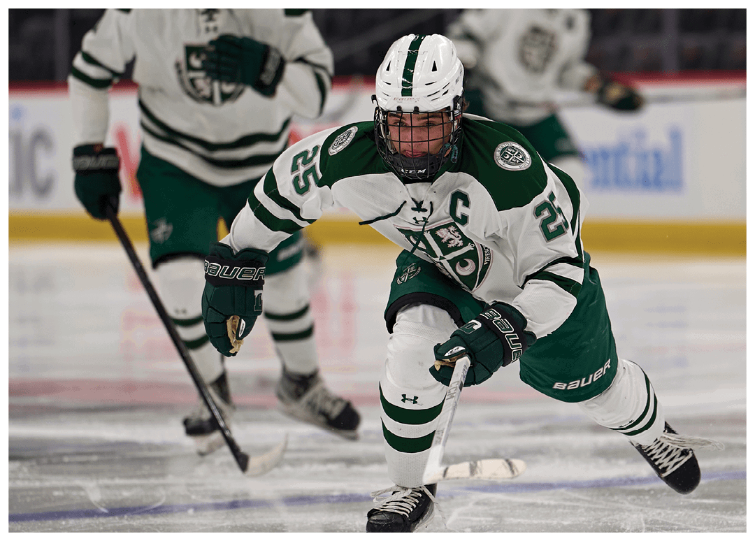 A hockey player in a green and white uniform is skating on the ice with a hockey stick. AI generated content