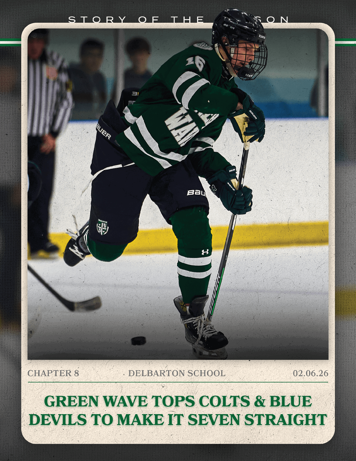 A hockey player in a green and white uniform is holding a hockey stick. AI generated content