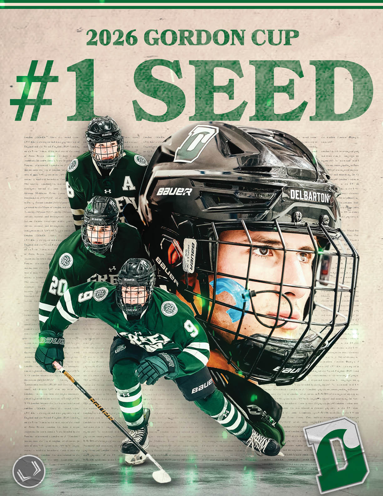 Hockey players in green uniforms are shown on a poster. AI generated content