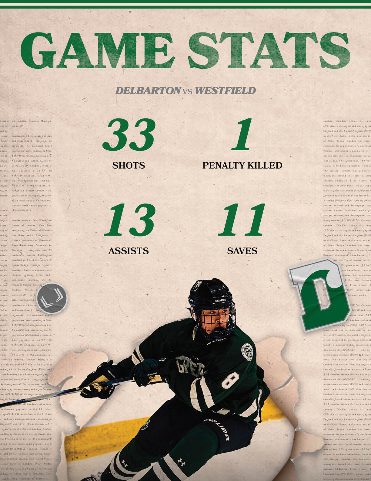 A hockey player is shown on a poster with a green and white uniform. AI generated content