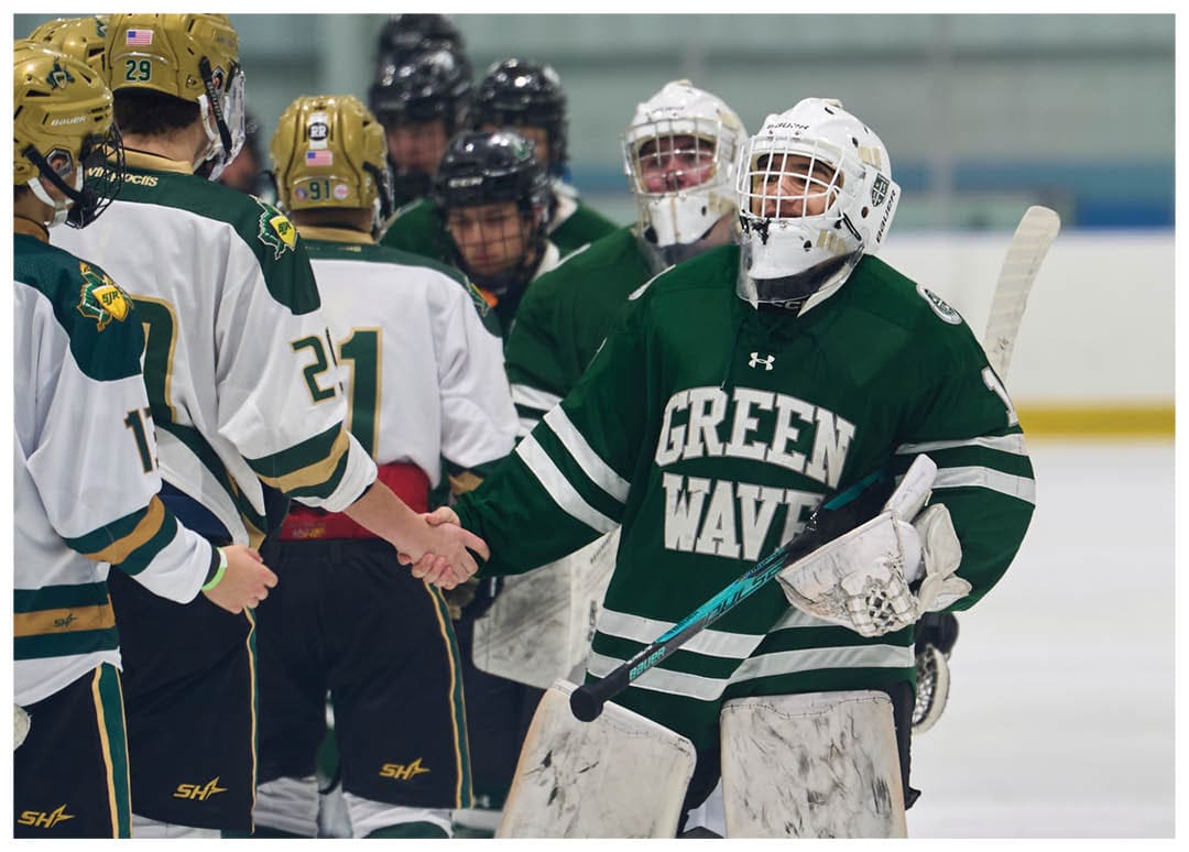 A group of hockey players are standing on the ice, wearing their uniforms and holding their hockey sticks. AI generated content