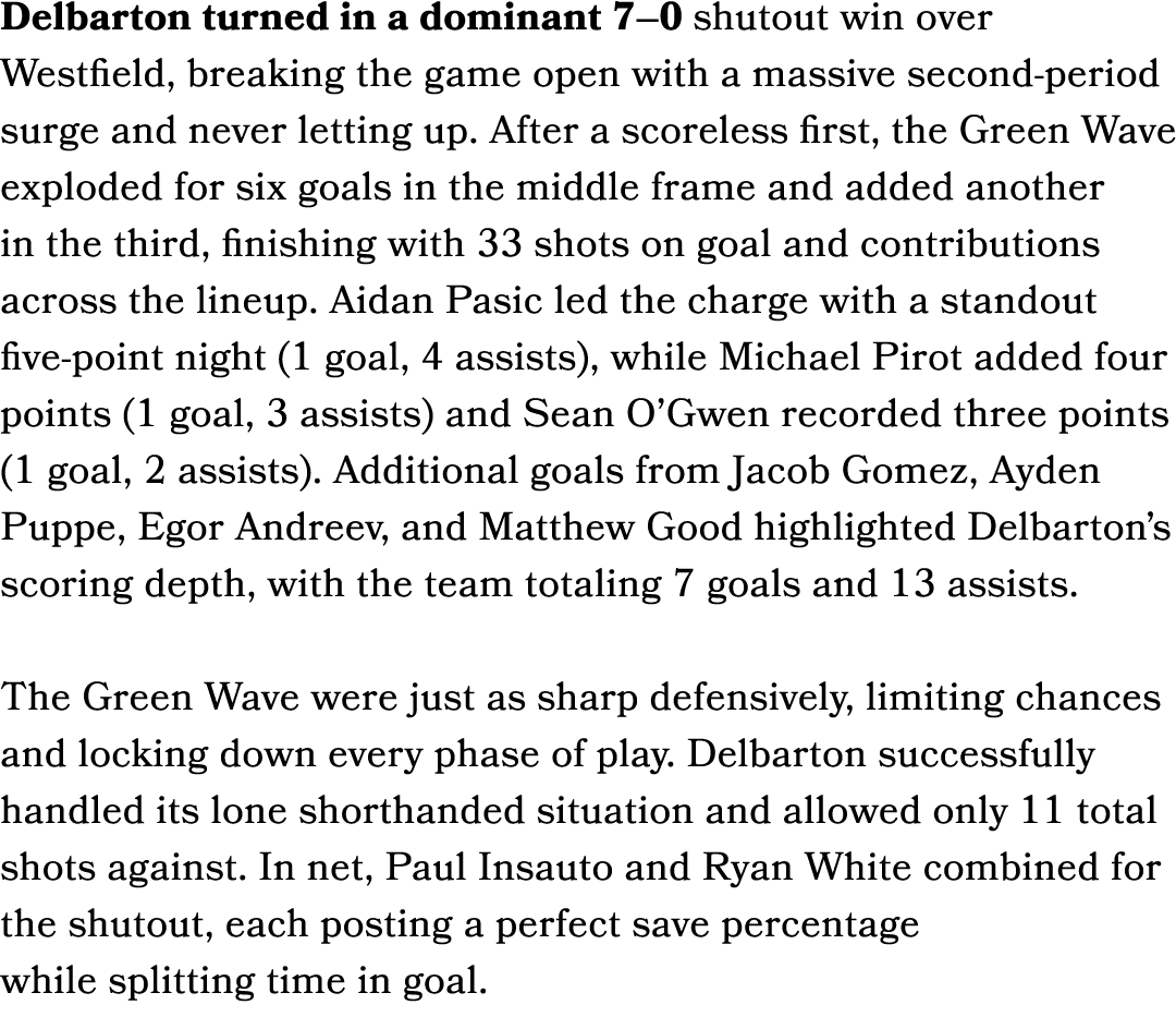 Delbarton turned in a dominant 7–0 shutout win over Westfield, breaking the game open with a massive second period su...