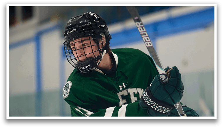 A hockey player in a green jersey is holding a stick and getting ready to shoot the puck. AI generated content
