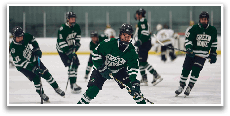 A group of hockey players on the ice, one of them is holding a hockey stick and looking down. AI generated content
