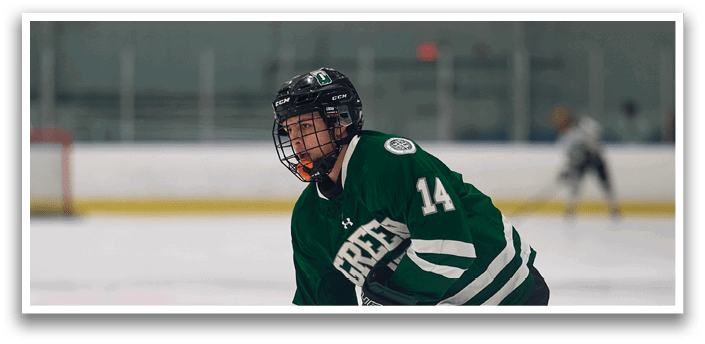 A hockey player in a green and white uniform is holding a hockey stick and waiting for the puck to come his way. AI generated content