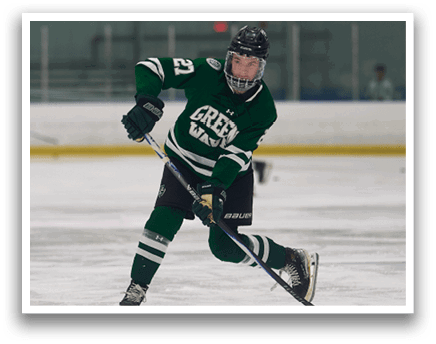 A man wearing a green and white uniform is playing hockey on a rink. AI generated content