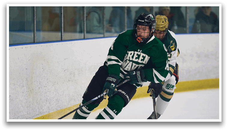 Two hockey players on ice, one with a green jersey and the other with a white jersey. AI generated content