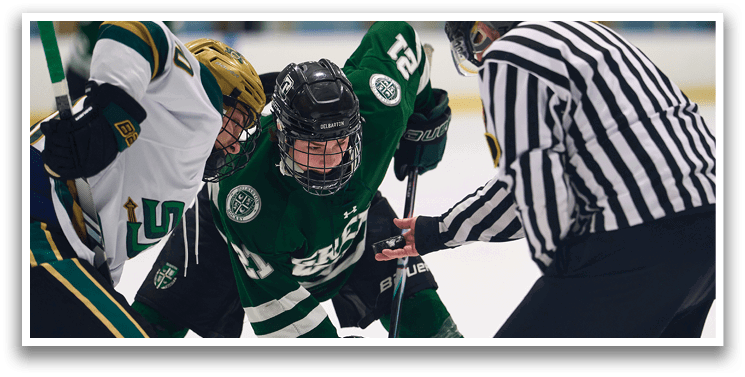 A hockey player is falling to the ice while holding his stick. AI generated content