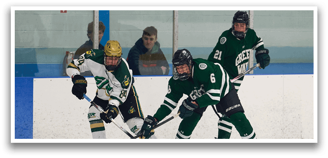 Three hockey players on ice, one with a stick, another with a stick and a puck, and the third with a stick and a puck. AI generated content