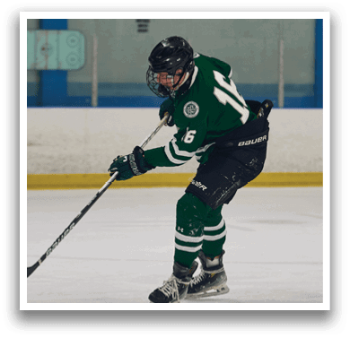 A hockey player in a green jersey is about to shoot the puck. AI generated content