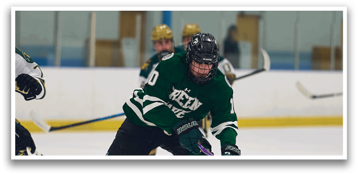 A hockey player in a green and white uniform is skating on the ice, holding a hockey stick. AI generated content