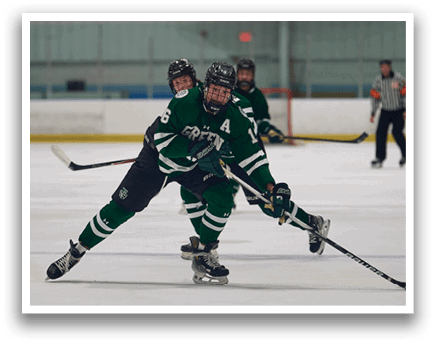 Two hockey players are on the ice, one is wearing a green jersey with the number 4 on it. AI generated content