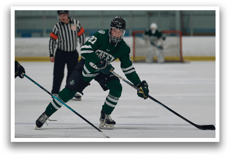 A hockey player is skating on the ice with his stick in the air. AI generated content