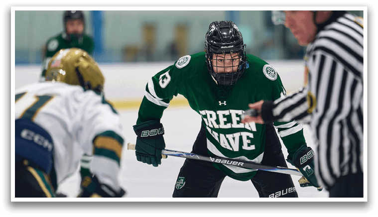 A hockey player wearing a green jersey with the number 3 on it is getting ready to shoot the puck. AI generated content