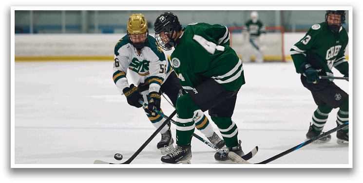 A group of hockey players on the ice, one of them wearing a green jersey with the number 14. AI generated content