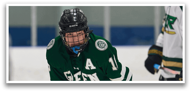 Two hockey players on the ice, one with a green jersey and the other with a white jersey. AI generated content