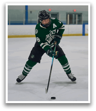 A hockey player in a green jersey with the number 8 on it is holding a hockey stick and preparing to shoot the puck. AI generated content