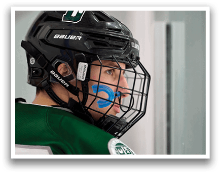 A hockey player wearing a helmet with a blue sticker on it. AI generated content