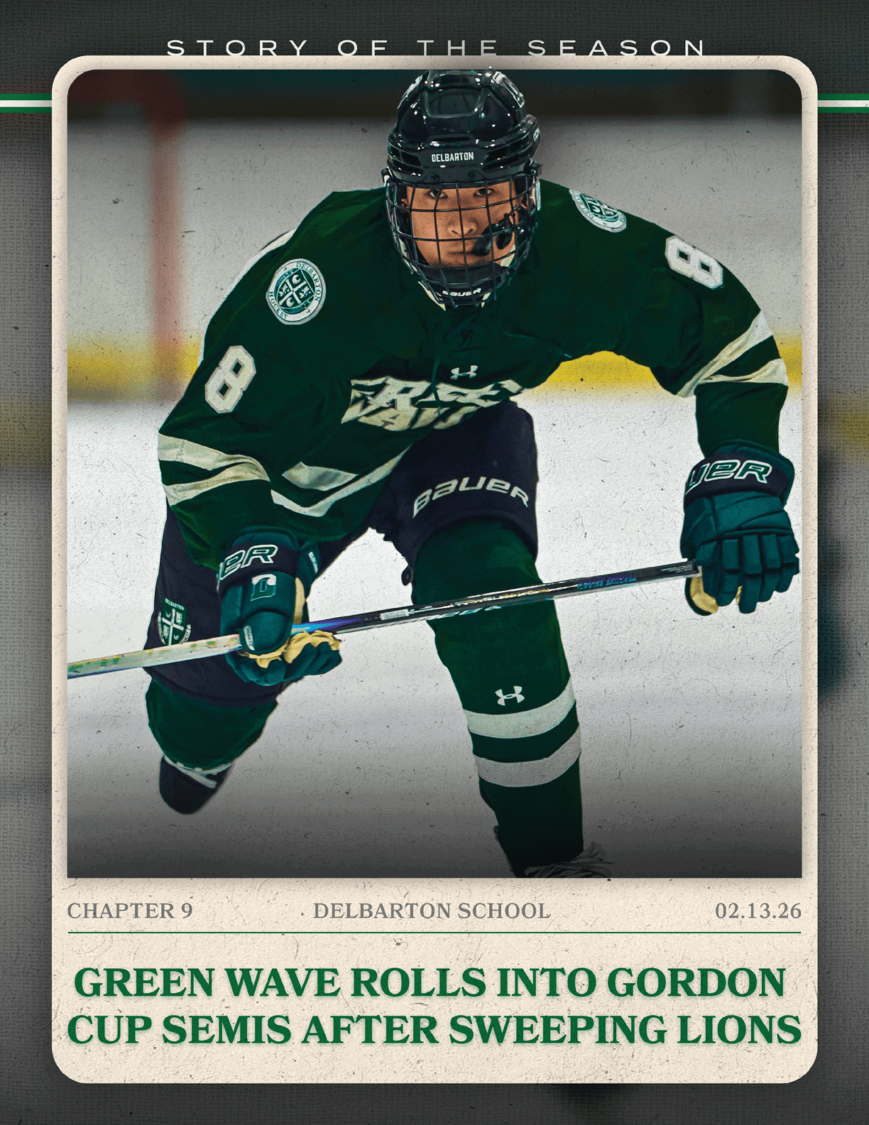 A hockey player in a green jersey with the number 8 on it. AI generated content