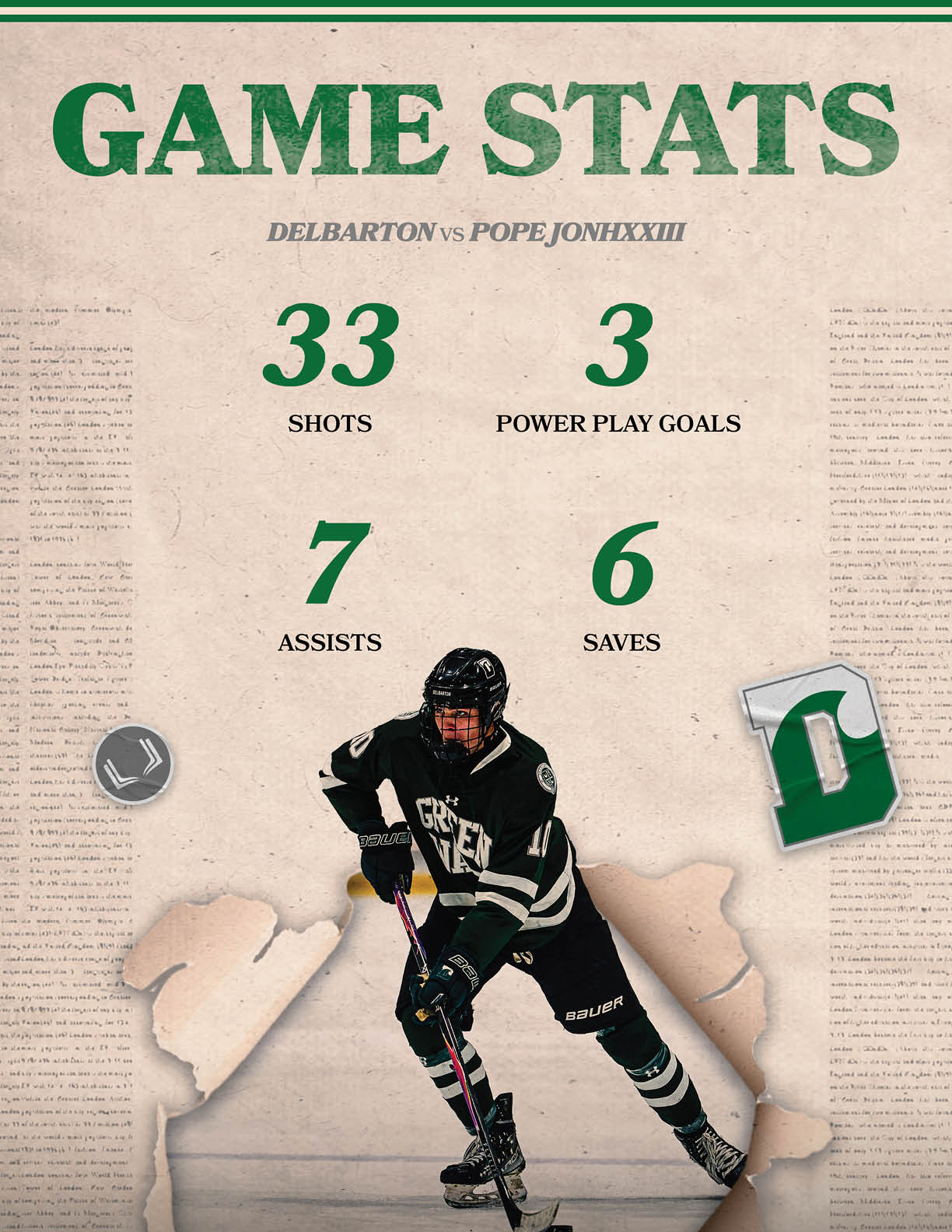 A hockey player is shown on a poster with the words “Game Stats" above him. AI generated content