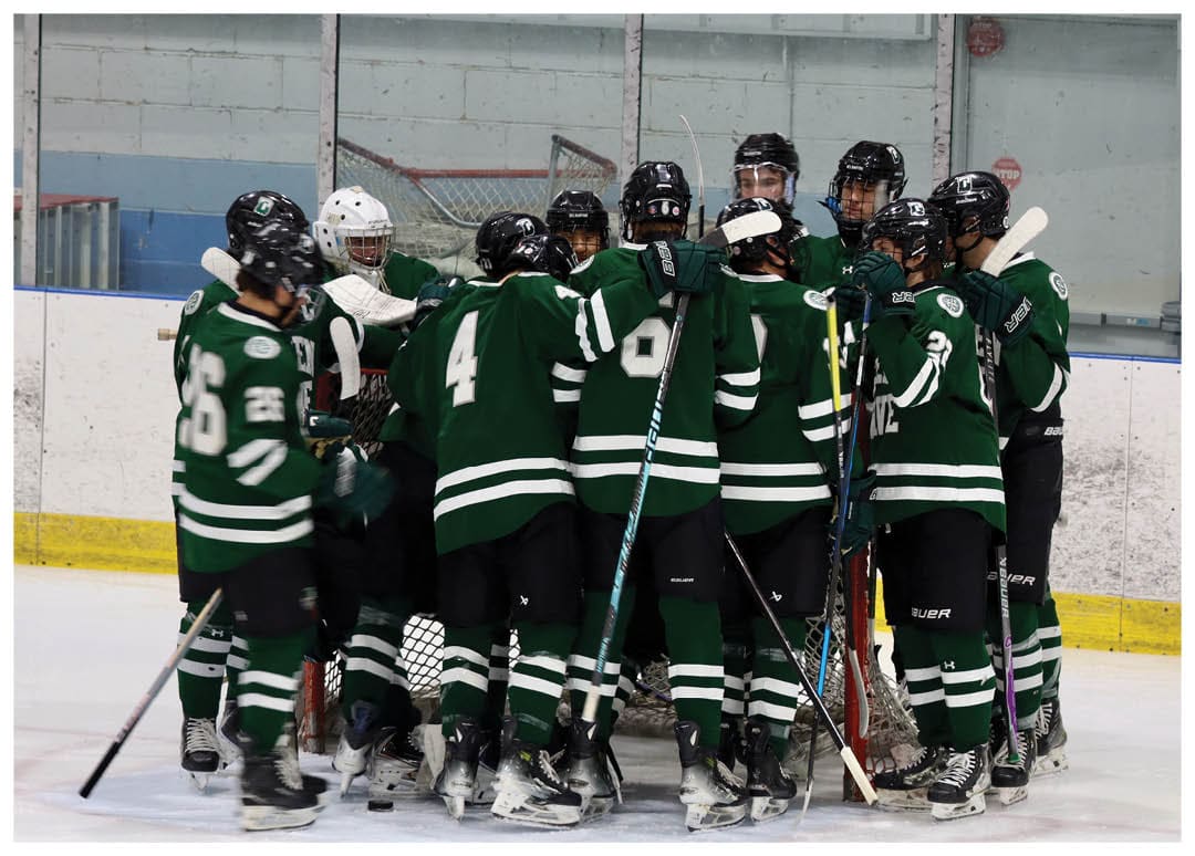 A group of hockey players huddle together on the ice, wearing green and white uniforms. AI generated content