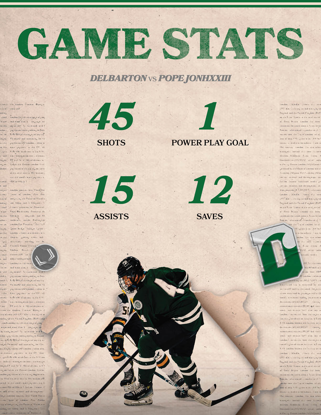 A hockey player is shown on a poster with a hockey stick and a puck. AI generated content