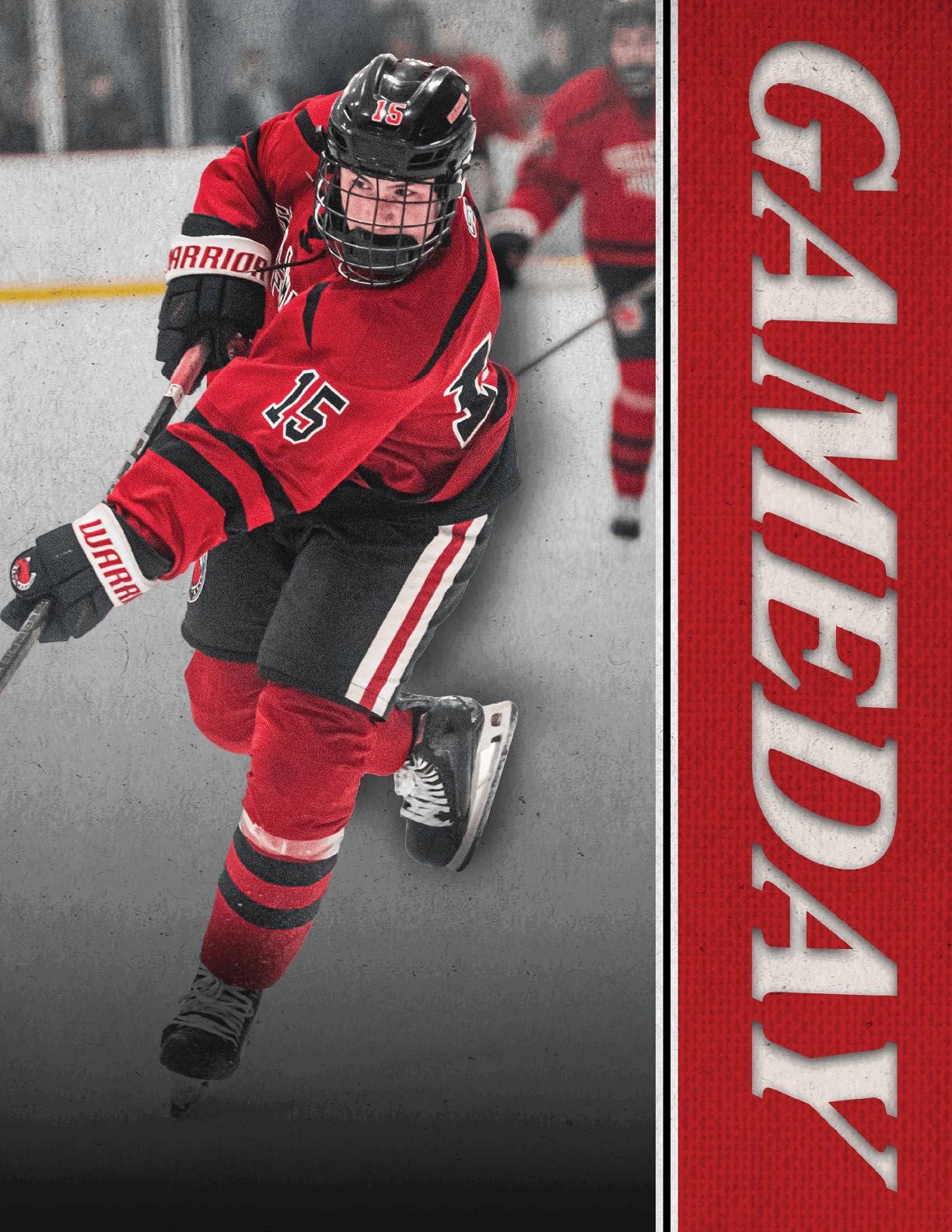 A hockey player in a red jersey with the number 15 on it is skating on the ice. AI generated content