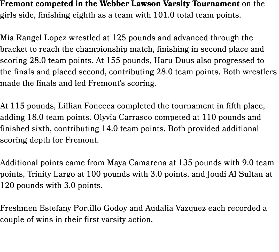 Fremont competed in the Webber Lawson Varsity Tournament on the girls side, finishing eighth as a team with 101.0 tot...