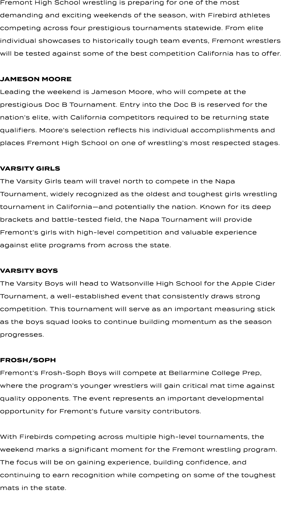 Fremont High School wrestling is preparing for one of the most demanding and exciting weekends of the season, with Fi...
