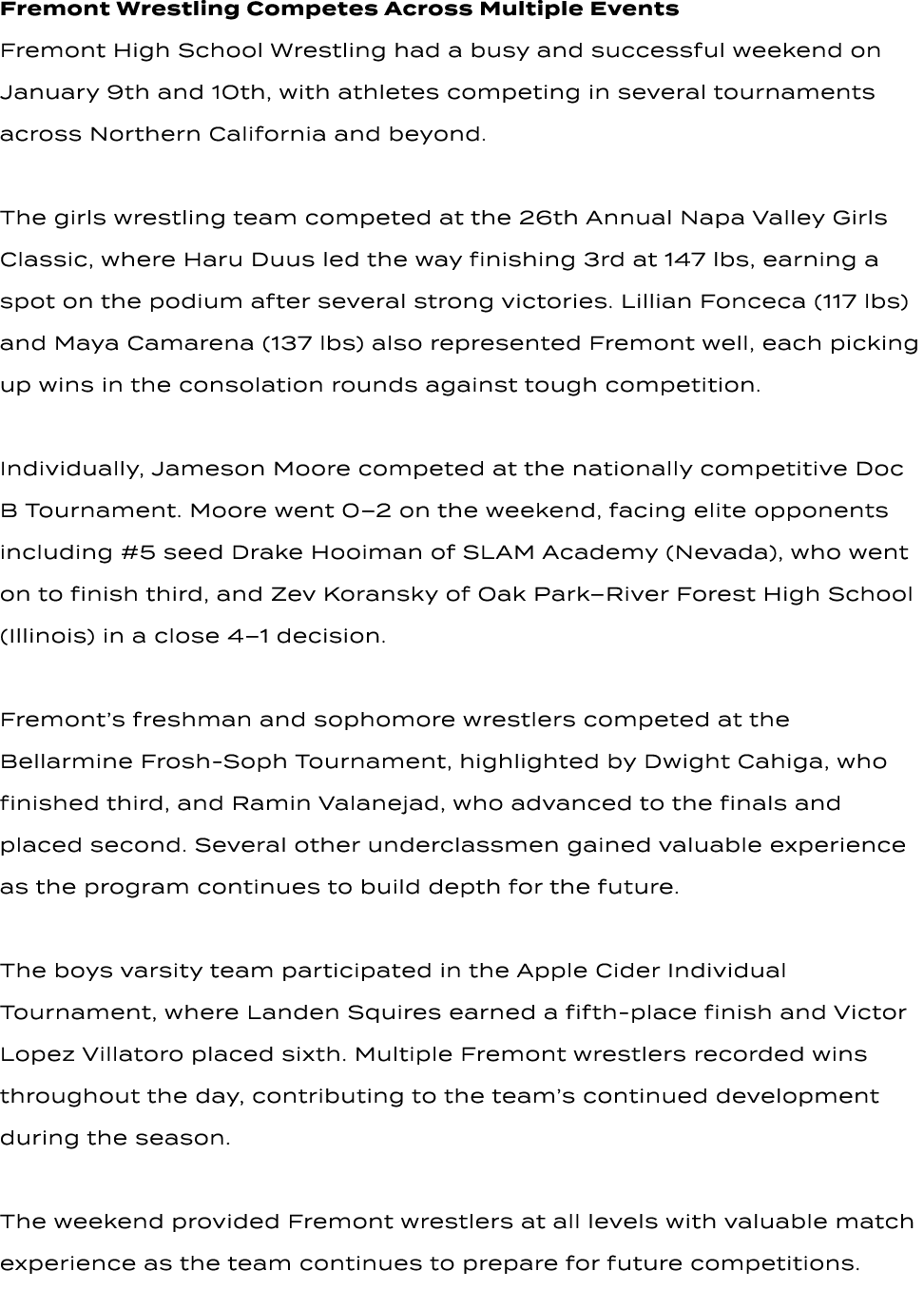 Fremont Wrestling Competes Across Multiple Events Fremont High School Wrestling had a busy and successful weekend on ...