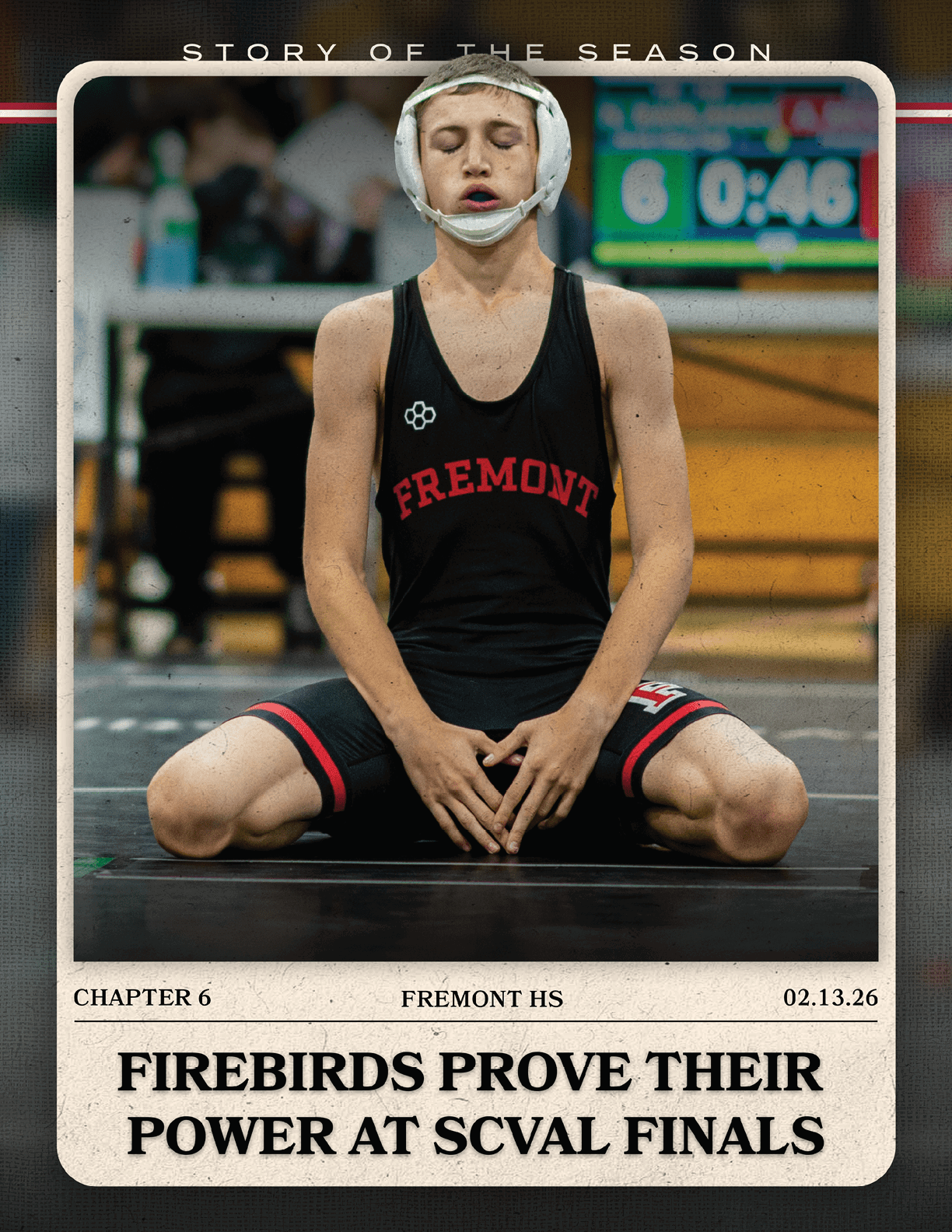 A wrestler in a black and red uniform kneels on the ground with his hands clasped. AI generated content