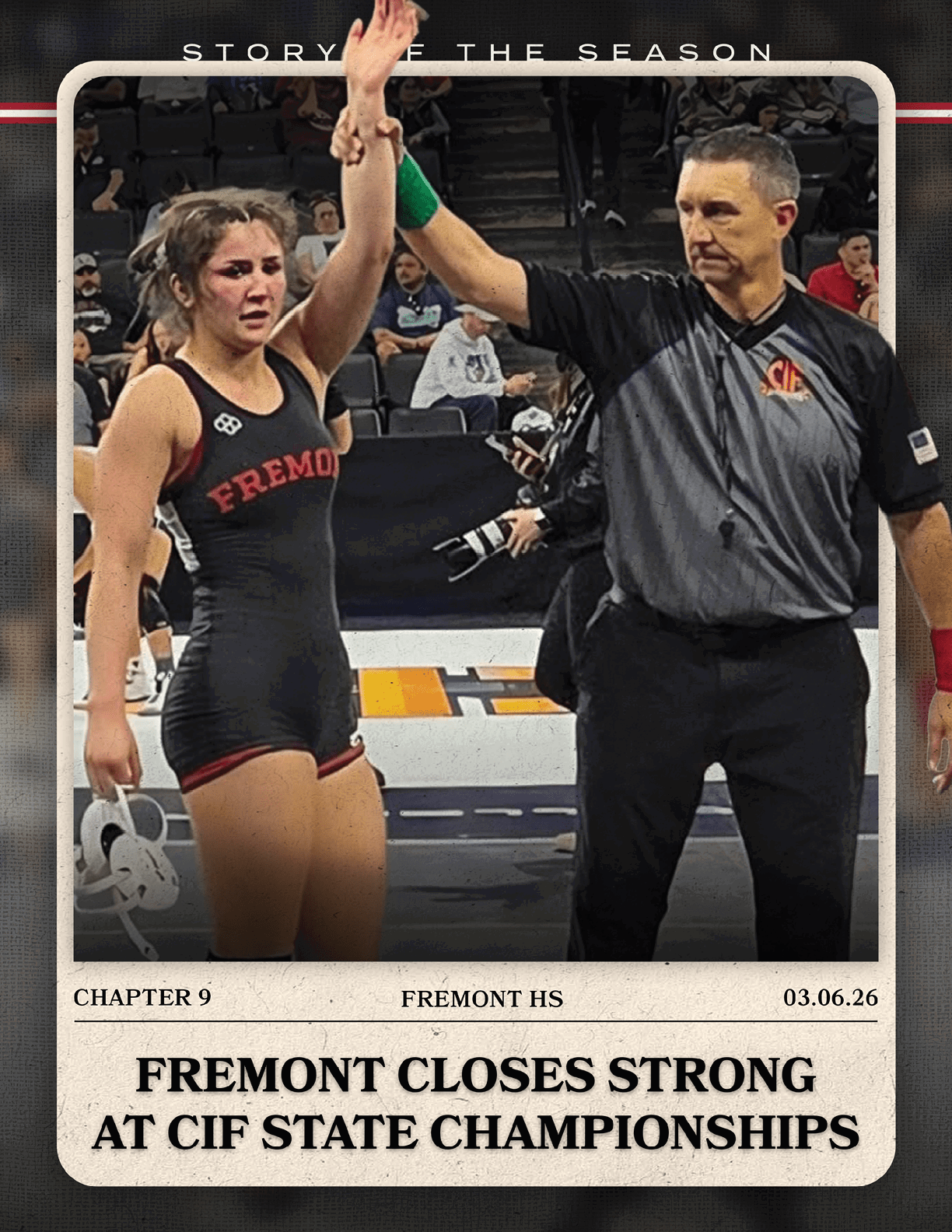 A female wrestler is lifted off the ground by a referee, celebrating her victory. AI generated content