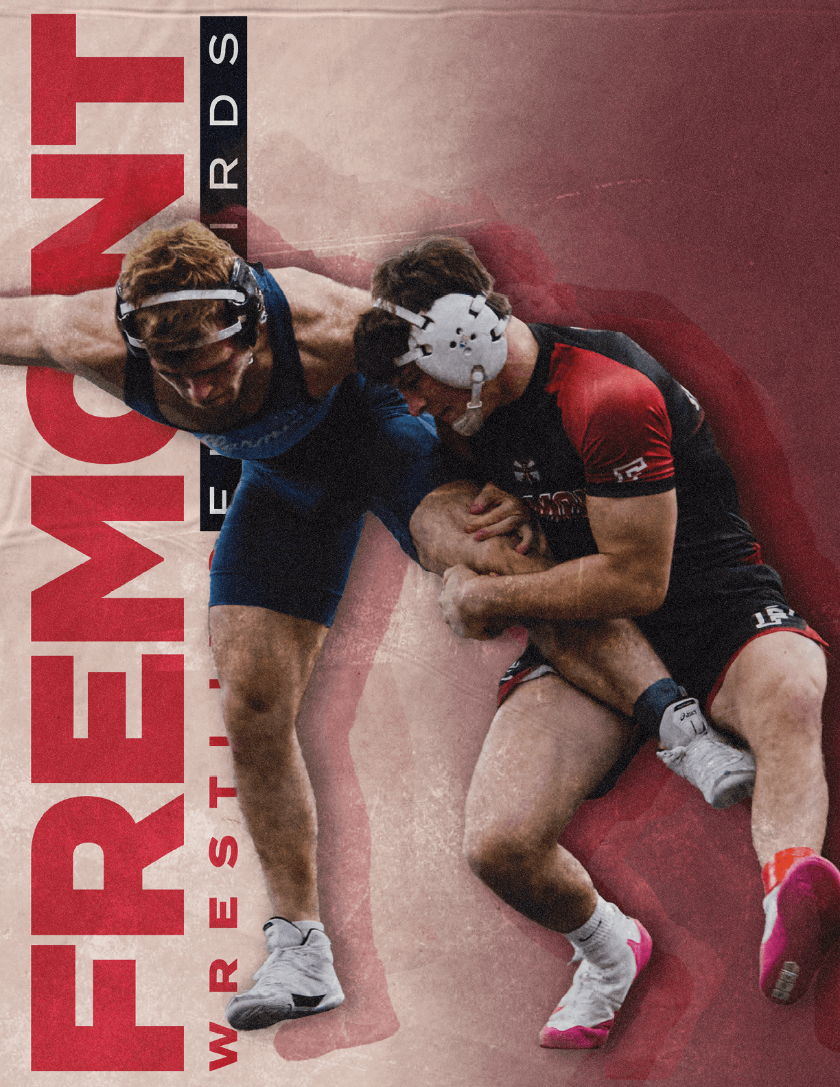 Two wrestlers in action, one with a white headband and the other with a black headband. AI generated content