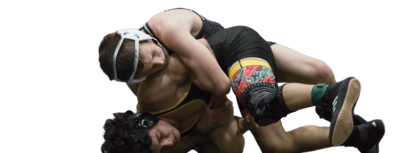 Two men wrestling on a court, one with a headband. AI generated content