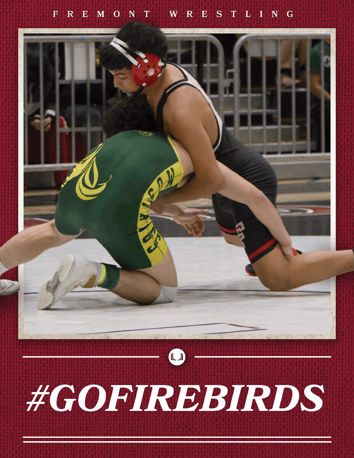 Two wrestlers in a match, one in a green and yellow outfit and the other in a black and red outfit. AI generated content