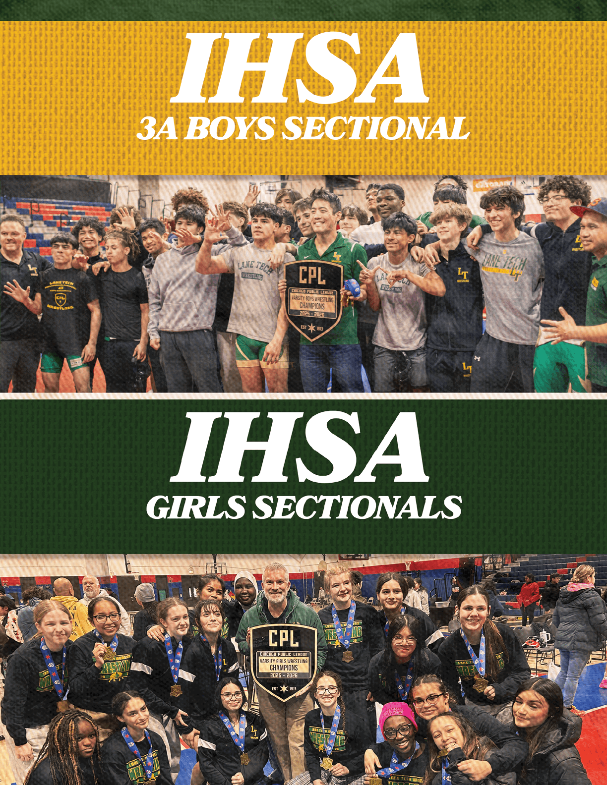 A group of people pose for a photo in front of a sign that says IHSA. AI generated content