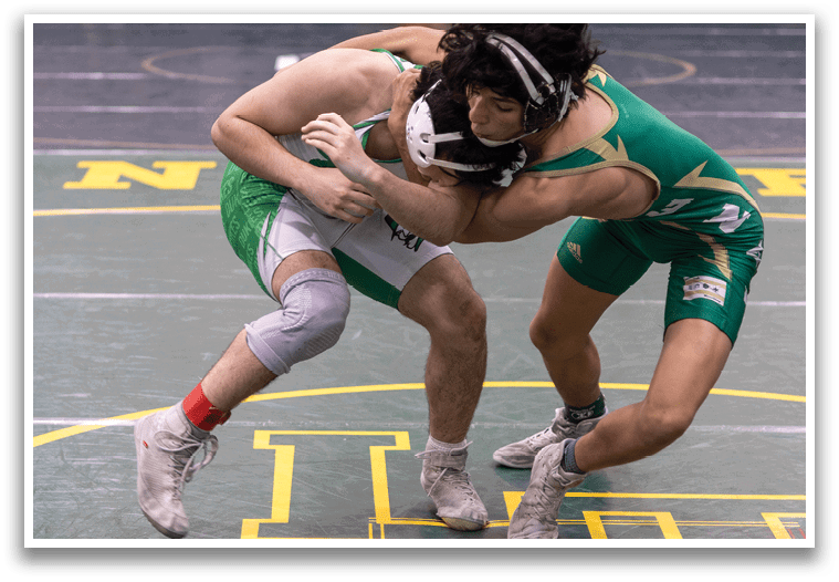 Two wrestlers in a match on a green mat. AI generated content