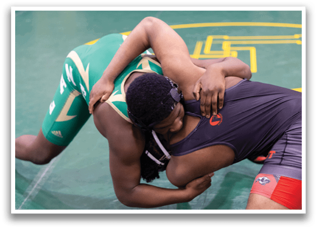 Two men wrestling on a green mat. AI generated content