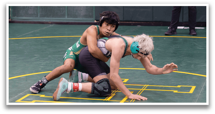Two wrestlers are on the ground, one with a knee brace, in a green and yellow wrestling ring. AI generated content