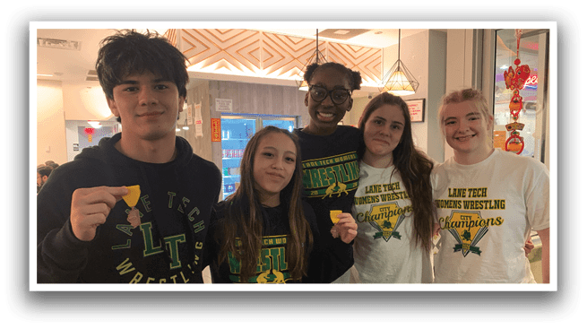 Four people are posing for a picture, two of them are wearing wrestling shirts. AI generated content