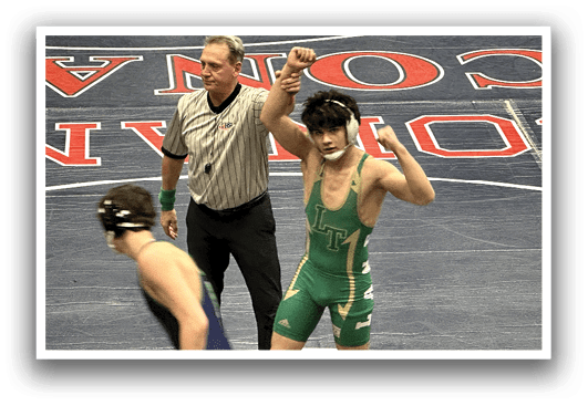 A wrestler is being held up by a referee and another man. The wrestler is wearing a green and gold uniform. AI generated content