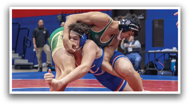 Two wrestlers are grappling on the floor, one in a blue uniform and the other in a green uniform. AI generated content