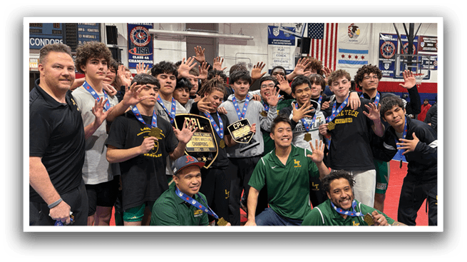 A group of people are posing for a photo in a gym. They are wearing medals and holding trophies, indicating that they have likely won a competition. AI generated content