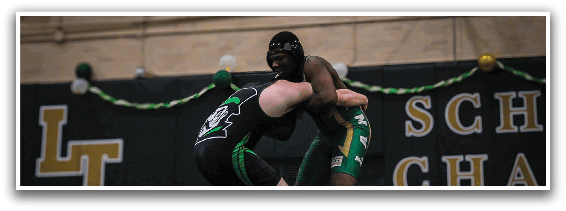 Two wrestlers in a match, one wearing a green and black outfit and the other wearing a black and green outfit. AI generated content