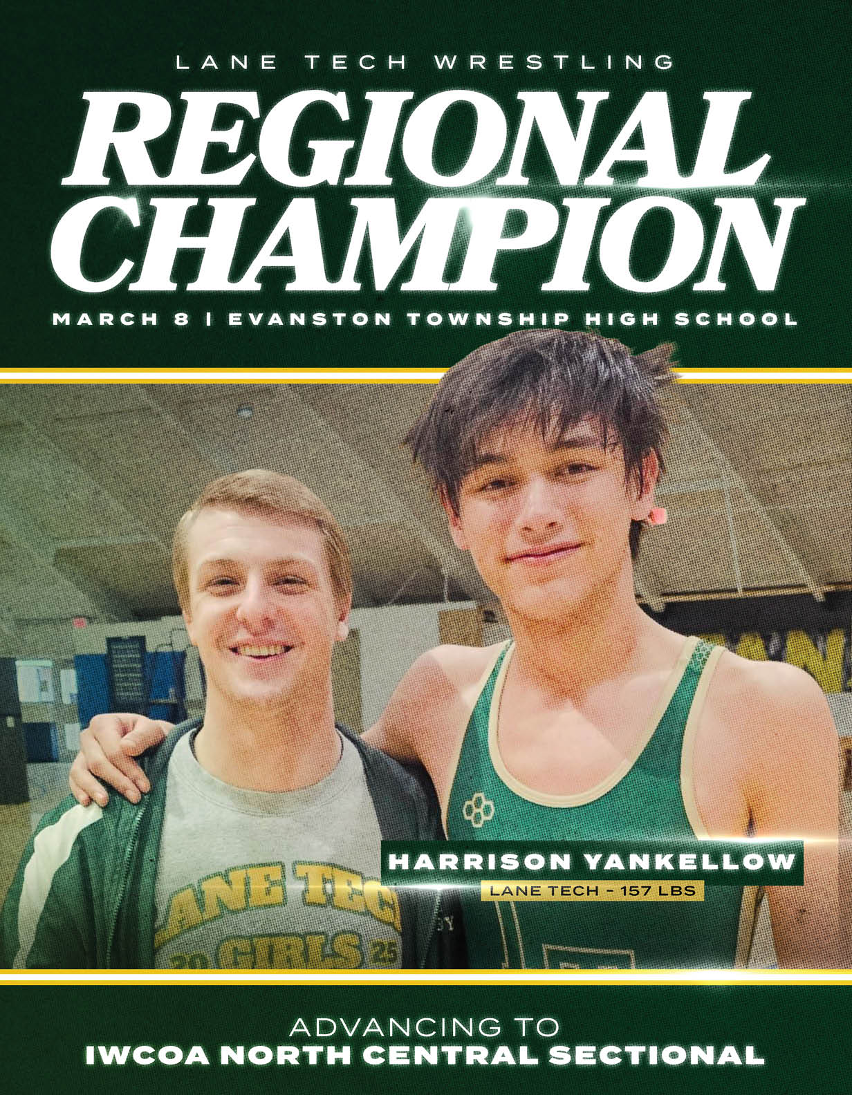 Two boys pose for a photo, one wearing a wrestling uniform. AI generated content