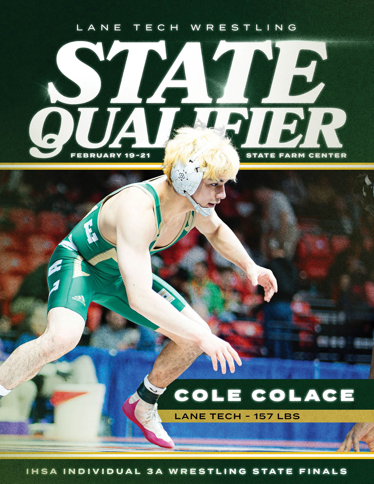 A wrestler in a green and white uniform is shown on a poster. AI generated content