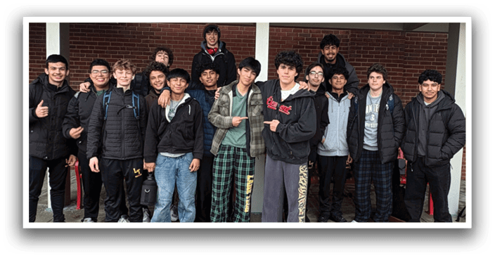A group of young men pose for a photo in front of a building. AI generated content