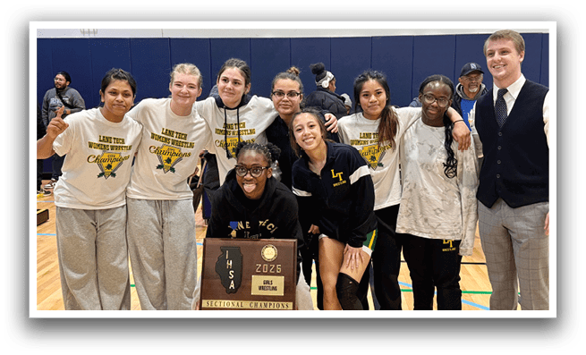 A group of girls and a man pose with a trophy. AI generated content